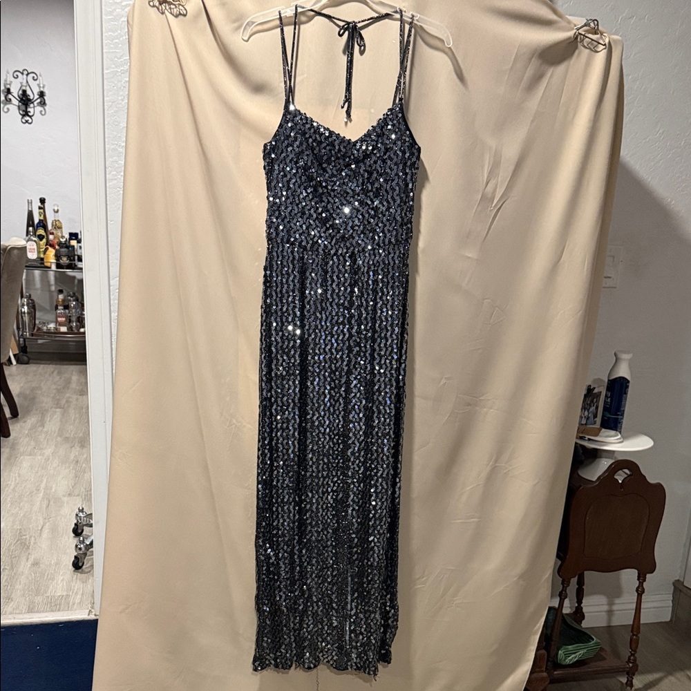 Sequin Spaghetti-Strap Evening Dress in Black